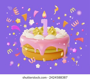 3d Birthday Cake with Candle and Confetti Popper Serpentine Cartoon Style . Vector illustration of Celebration Pie