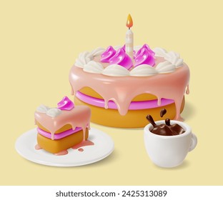 3d Birthday Cake with Candle and Cup Coffee Splash Cartoon Style Piece and Whole . Vector illustration