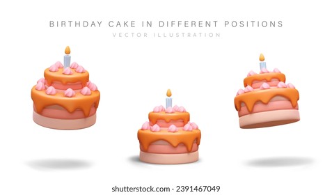 3D Geburtstagskuchen mit Kerze. Luxuriöser cremiger Nachtisch. Festliche Gebäck mit Glasur. Süßigkeiten-Menü. Farbvektorkuchen in verschiedenen Positionen. Isolierte Bilder