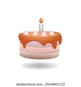 3D birthday cake with candle. Luxurious creamy dessert. Festive pastries with glaze vector illustration design background