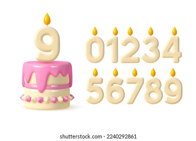 Torta de 3 años con números de velas. Los colores rosa y beige están aislados en un fondo blanco. 3d representar una ilustración vectorial realista.