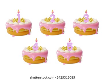 Pastel de cumpleaños 3d con números de vela Conjunto de estilo de dibujos animados aislado en un fondo blanco para el pastel de fiesta de aniversario. Ilustración de vector