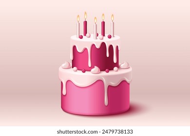 Torta de cumpleaños 3D con velas aisladas en el fondo. Ilustración realista de Vector de postre de vacaciones decorado con crema rosa y malvavisco blanco, celebración de aniversario, ícono de confitería