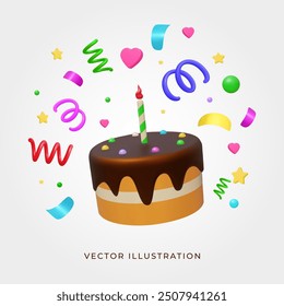 3d Birthday cake and confetti. For Happy Birthday greeting card, poster or banner with yummy cake element decoration for kids party occasion. Vector Illustration.