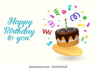 3d Birthday cake and confetti. For Happy Birthday greeting card, poster or banner with yummy cake element decoration for kids party occasion. Vector Illustration.