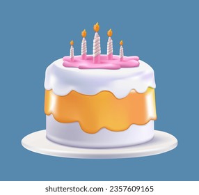 3D Birthday Cake. Birthday Party Elements. Sweet food. Cake, cupcake 3d render realistic vector icon. Birthday cake with candles 3D icon modern UI