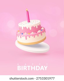3D birthday cake with pink icing, sprinkles and single lit candle floating above a platform on soft pink background. 3d rendering. Vector illustration