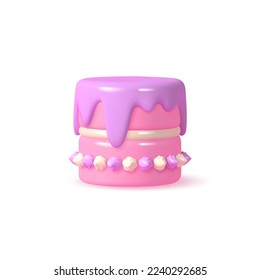 3d birthday cake. Pink and violet colors isolated on white background. 3d render realistic vector illustration.