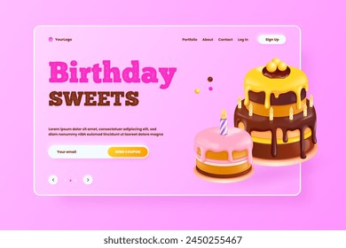 3d birthday cake. Render floating cute cakes greetings banner, chocolate pink cupcake with candle, happy anniversary event party celebration cartoon realistic vector illustration of 3d birthday