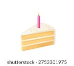 3D birthday cake slice with creamy frosting, colorful sprinkles, and a single lit candle on top, isolated on a light background. 3d rendering. Vector illustration