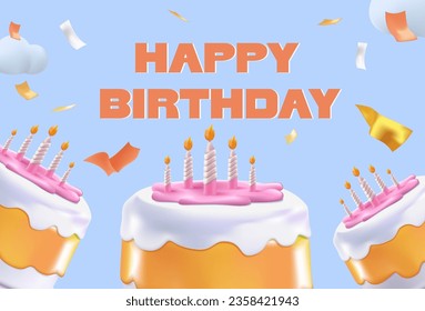 3D Birthday cake vector background design. Happy birthday greeting text with yummy cake element decoration for kids party occasion. Happy birthday text vector template design. 3D realistic cartoon