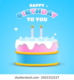 Ilustración vectorial de pastel de cumpleaños 3D. diseño de tarjeta de cumpleaños feliz con color azul, blanco y rosa