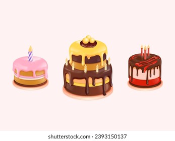 3d birthday cakes. Glazing realistic cake with candles for present anniversary celebrate, cupcake pastry dessert sweet bread confectionery, isolated cakes vector illustration of cake dessert glaze