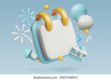 3D birthday event calendar with pastel blue party decorations and copy space for date. Boy's baby shower celebration reminder with cute three dimensional cake, balloons and fireworks.