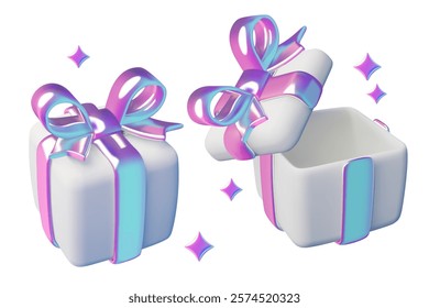 3d birthday gift boxes opened and closed with metallic gradient bows and stars. Three dimensional surprise emoji with pink and blue holographic ribbons. Vector illustration.