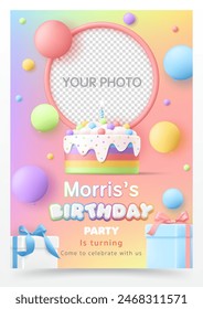 3D Birthday invitation greeting card vector template with rainbow cake, cute balloon, gift box, photo frame on colorful background for baby and kid invite greeting card fun party, social media, post.