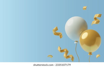 3D Birthday Party Celebration Balloons Background. Toy three dimensional white and golden helium balloons, flying confetti ribbons and copy space. Realistic stylized vector elements on blue background