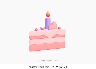 3D Birthday piece of cake with candle and decorations. Pink cake emoji. Party surprise concept. Slice of dessert with cream. Cute object. Cartoon creative design icon. 3D Vector Illustration