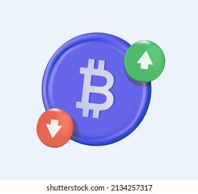 3D Bitcoin coin. Crypto currency coin bitcoin isolated, Realistic vector. Bitcoin or BTC. Bull or Bear market trend in crypto currency or stocks. Trade exchange background, up or down arrow. 3D icon