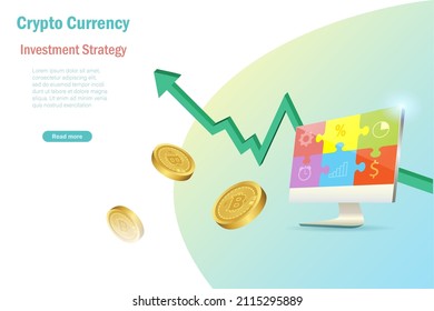 moneda de criptografía de bitcoin 3D con gráfico de crecimiento y estrategia de inversión en rompecabezas de rompecabezas en computadora. Ganar y tener éxito en la inversión de bitcoin, concepto de financiación descentralizada. 
