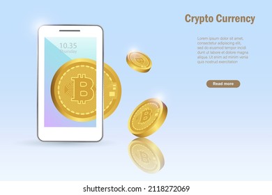 3D bitcoin crypto currency on smart phone. Bitcoin investment, defi decentralized finance concept. Crypto money stock market and digital stock trading application .