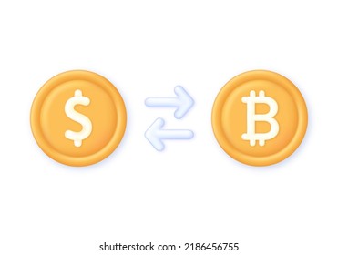 3D Bitcoin and Dollar exchange illustration. Cryptocurrency exchange. Buy or sell currency online. Finance, global digital money. Cryptocurrency transaction. Online banking. Modern vector in 3d style.