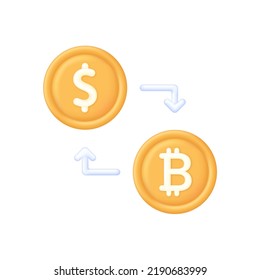 3D Bitcoin and Dollar exchange illustration. Cryptocurrency exchange. Buy or sell currency online. Finance, global digital money. Cryptocurrency transaction. Online banking. Modern vector in 3d style.