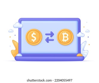 3D-Bitcoin- und Dollar-Exchange-Illustration. Kryptowährung. Kaufen oder verkaufen Sie Währung online.