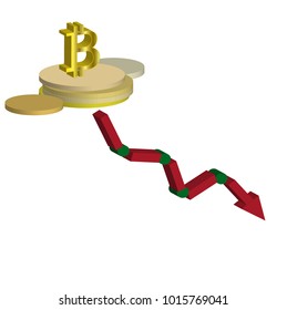 3d bitcoin symbol  on pile of coin with down trend red chart graph arrow sign, vector illustration.