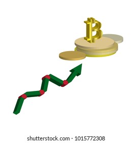 3d bitcoin symbol  on pile of coin with up trend green chart graph arrow sign, vector illustration.
