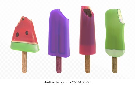 3d bite popsicle vector. Summer fruit ice cream. Realistic watermelon frost juice and kiwi eskimo treat collection. Strawberry and chocolate freeze taste product. Fruity green candy illustration