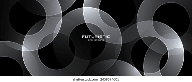 Fondo abstracto negro 3D superpone la capa en el espacio oscuro con la decoración del efecto de forma de círculos. Elemento de Diseño gráfico moderno con concepto de vidrio para Anuncio de Web, póster, volante, tarjeta, cubierta o folleto