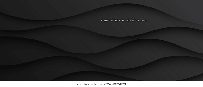 3D black abstract background overlap layer on dark space with flowing waves effect decoration. Modern graphic design element cutout style concept for web banner, flyer, card, or brochure cover