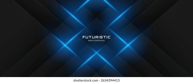 3D black abstract background overlap layer on dark space with glowing blue lines effect decoration. Modern graphic design element cutout style concept for web banner, flyer, card, or brochure cover