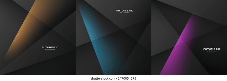3D black abstract background set with colorful light decoration. Overlap layer on dark space. Graphic design element with polygonal cutout style concept for web banner, flyer, card, or brochure cover