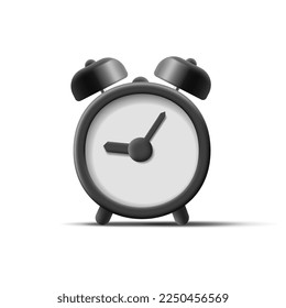 reloj despertador negro 3D, diseño clásico sobre fondo blanco. Ilustración vectorial.