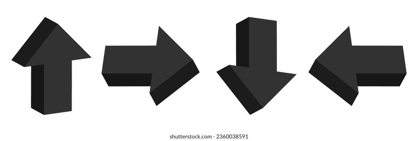 3D black arrows. Up, down, left, right. Vector clipart isolated on white background.