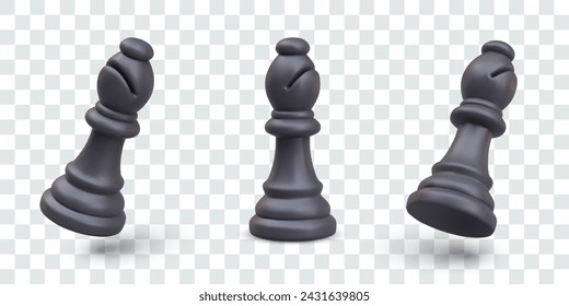 3D black bishop, different angle view. Chess piece in vertical and tilted position