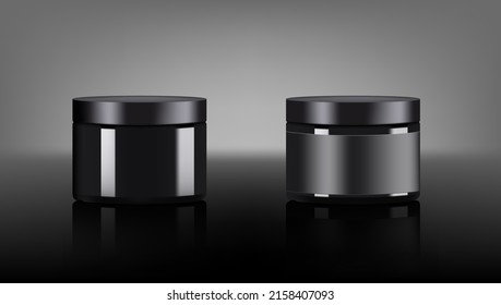 3D Black Blank Cream Jar Package With And Without Label On Dark Background. EPS10 Vector