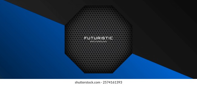 3D black blue techno abstract background overlap layer on dark space with octagons effect decoration. Graphic design element cutout style concept for web banner, flyer, card, or brochure cover
