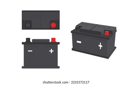 3D-schwarzer Fahrzeugakkumulator auf weißem Hintergrund. Draufsicht und Vorderansicht der Autobatterie. Vektorgrafik