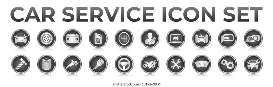 3D Black Car Service Round Web Icons Set with Battery, Oil, Gear Shifter, Filter, Polishing, Key, Steering Wheel, Diagnostic, Wash, Mirror, Headlamp Icons