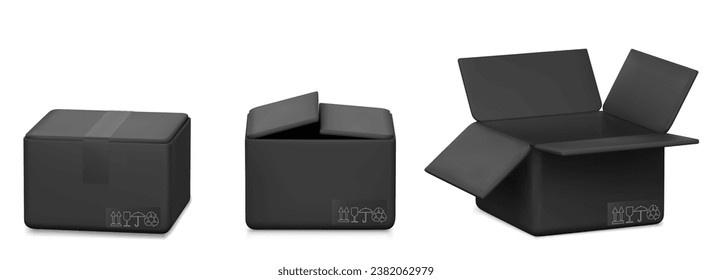 3d black cardboard box icon set standing front view isolated on white background. realistic vector