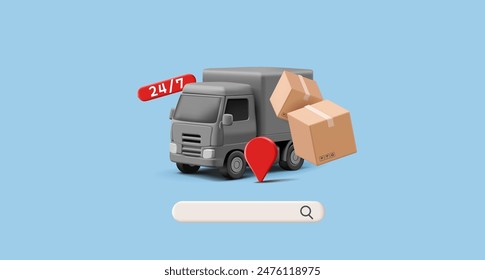 3D, schwarzer Lastwagen, Papierboxen, GPS-Symbol, online suchen. Für Versand-, Liefer- und Logistikkonzepte. Banner für Website. Vektorgrafik