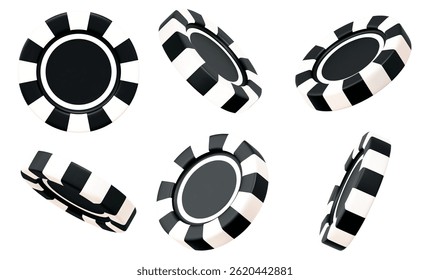 3d black casino poker chips. Black and white chips for betting and gambling games. Stock vector illustration on isolated background.	
