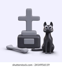 3D black cat, bone, grave with cross. Halloween vector concept. Composition for scary cemetery landscape. Dark witchcraft. Tombstone mockup, place for name