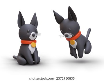 3D black cat with red collar. Funny black kitten in cartoon style. Vector object, view from different sides. Cute little pet. Set of images with shadows
