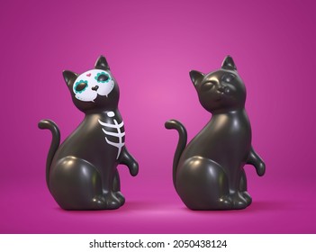 3d black cat set on purple background. One cat with sugar skull mask and the other without. Elements suitable for Dia de los muertos and Halloween witch familiar