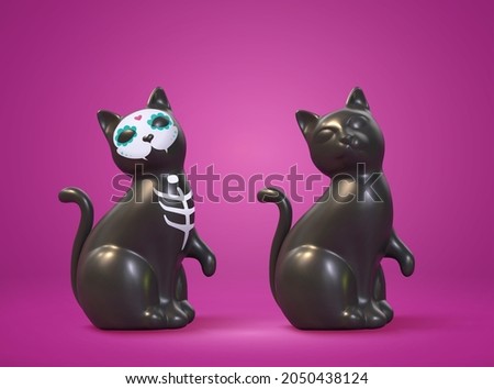 3d black cat set on purple background. One cat with sugar skull mask and the other without. Elements suitable for Dia de los muertos and Halloween witch familiar