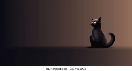 O gato preto 3D está sentado. Lindo gato realista sentado à noite, à noite. Para Black Friday, conceitos publicitários de Halloween. Vetor